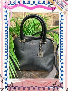 DKNY Black Saffiano-Style Dome Satchel with Gold Hardware